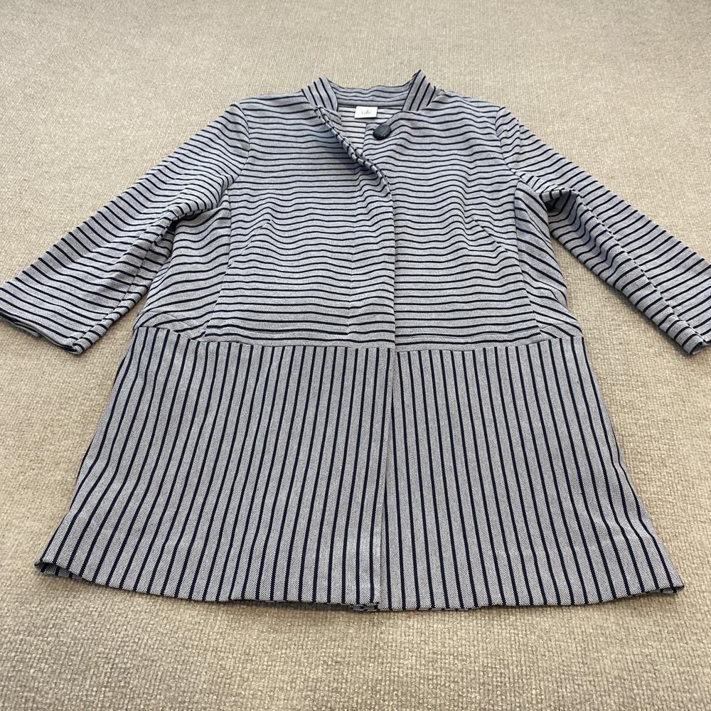 CAbi Coatigan Womens Large Gray Striped Knit Single Button Mid Length Jacket
